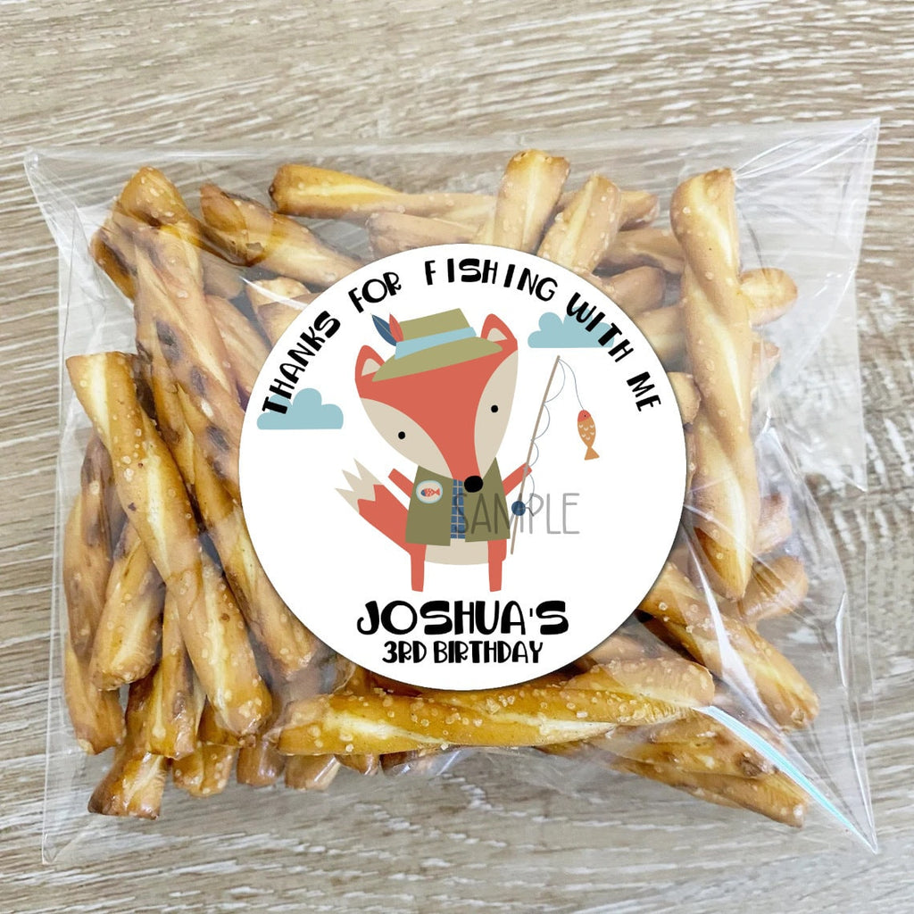 Fishing Fox birthday stickers | boy Fox camping scout Party celebration labels