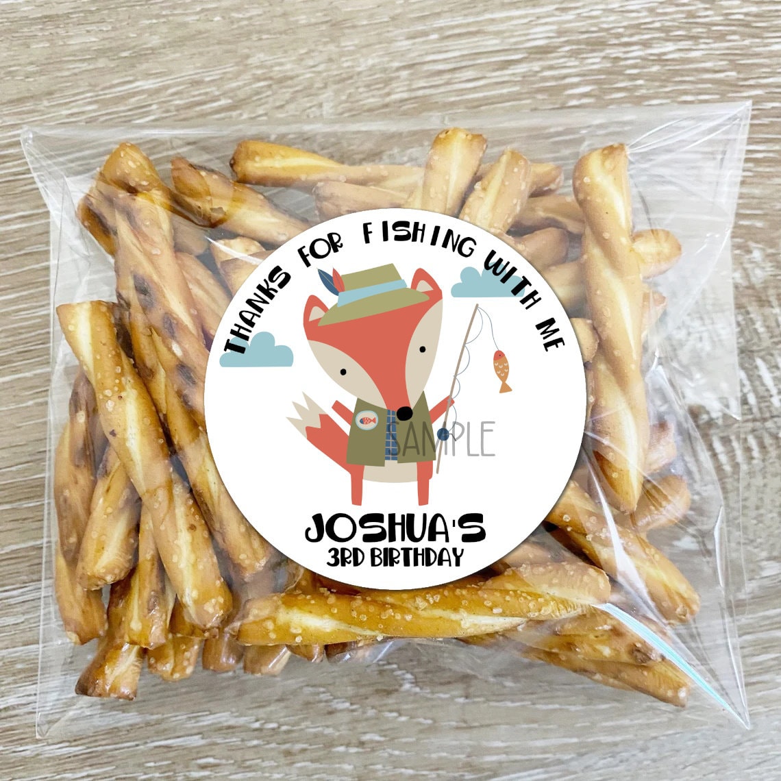 Fishing Fox birthday stickers | boy Fox camping scout Party celebration labels