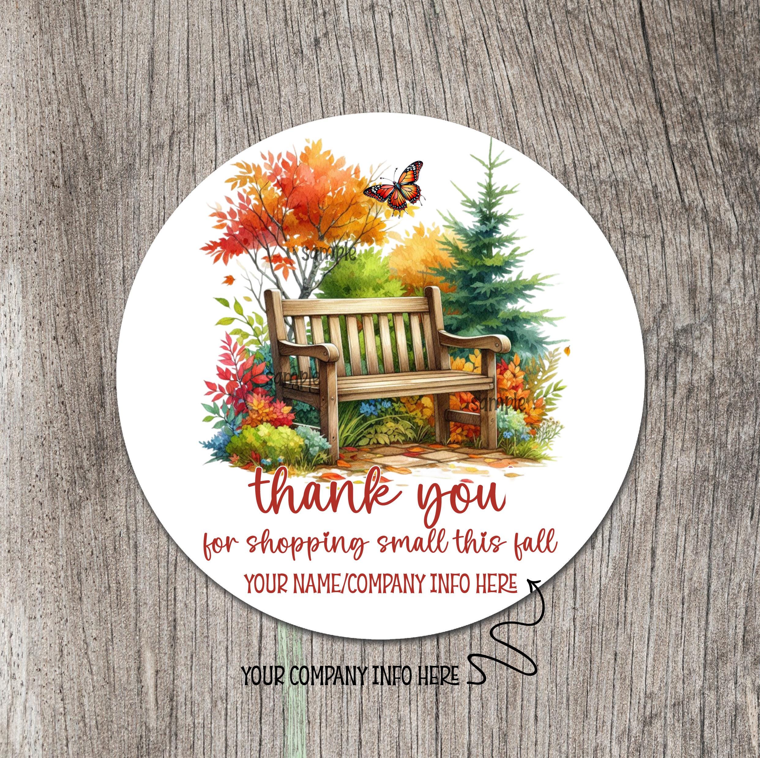 Autumn in the park Stickers shop small business package labels | Fall Season wooden bench customer appreciation thank you label seals |