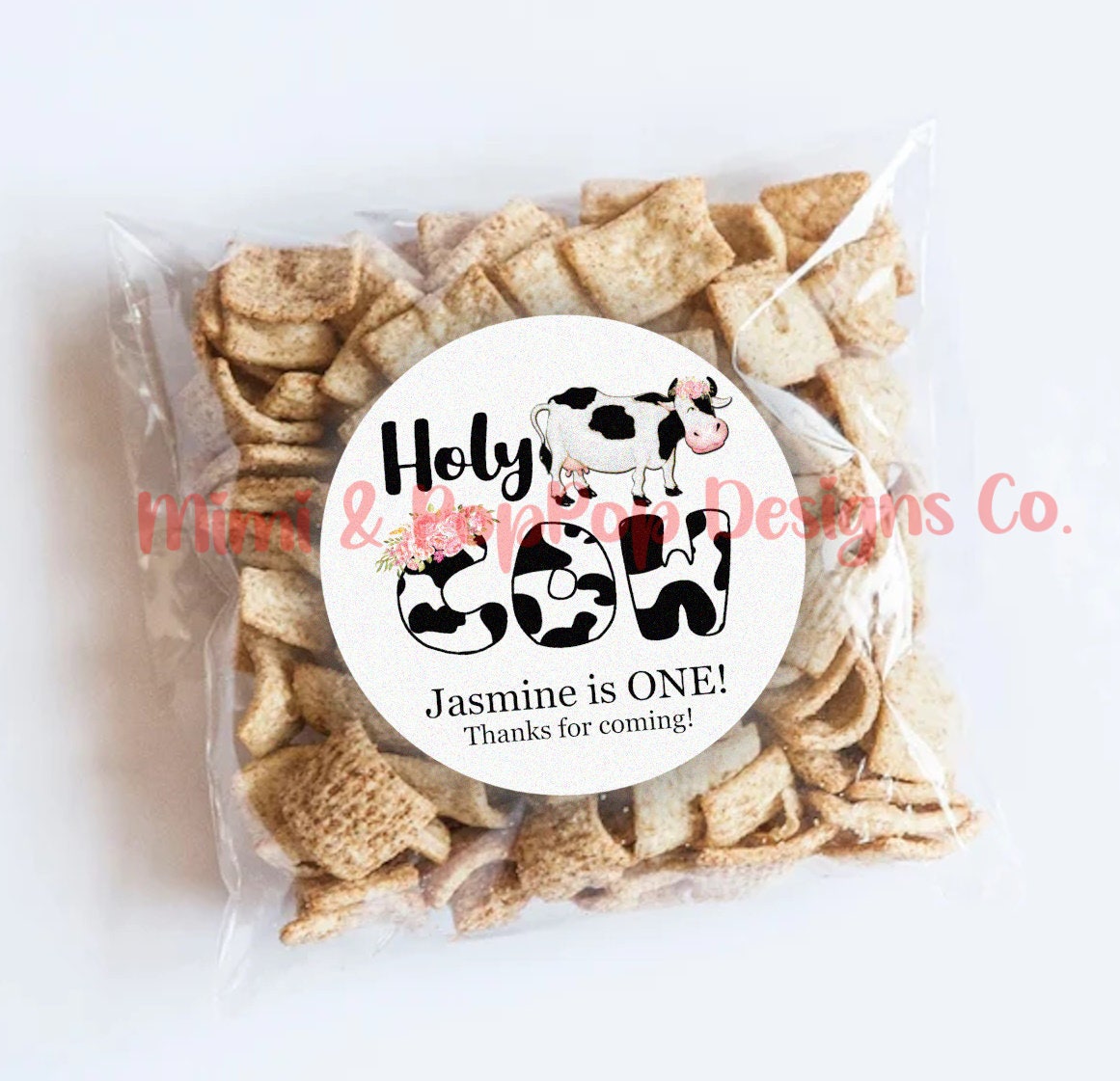 Holy Cow Birthday Stickers | Cute black white Cow personalized thank you party celebration labels