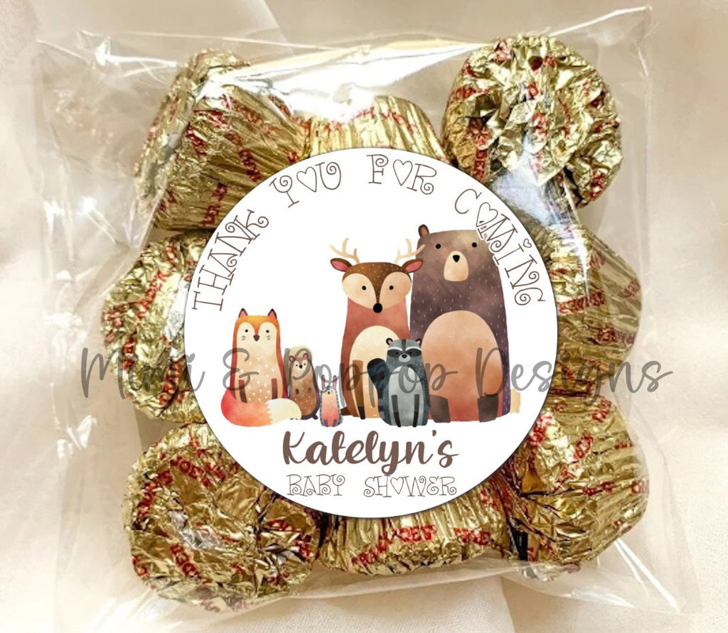 Woodland Watercolor Animals Personalized Lollipop Stickers, Baby Shower, Birthday Goody Bags, envelope seals, favor boxes