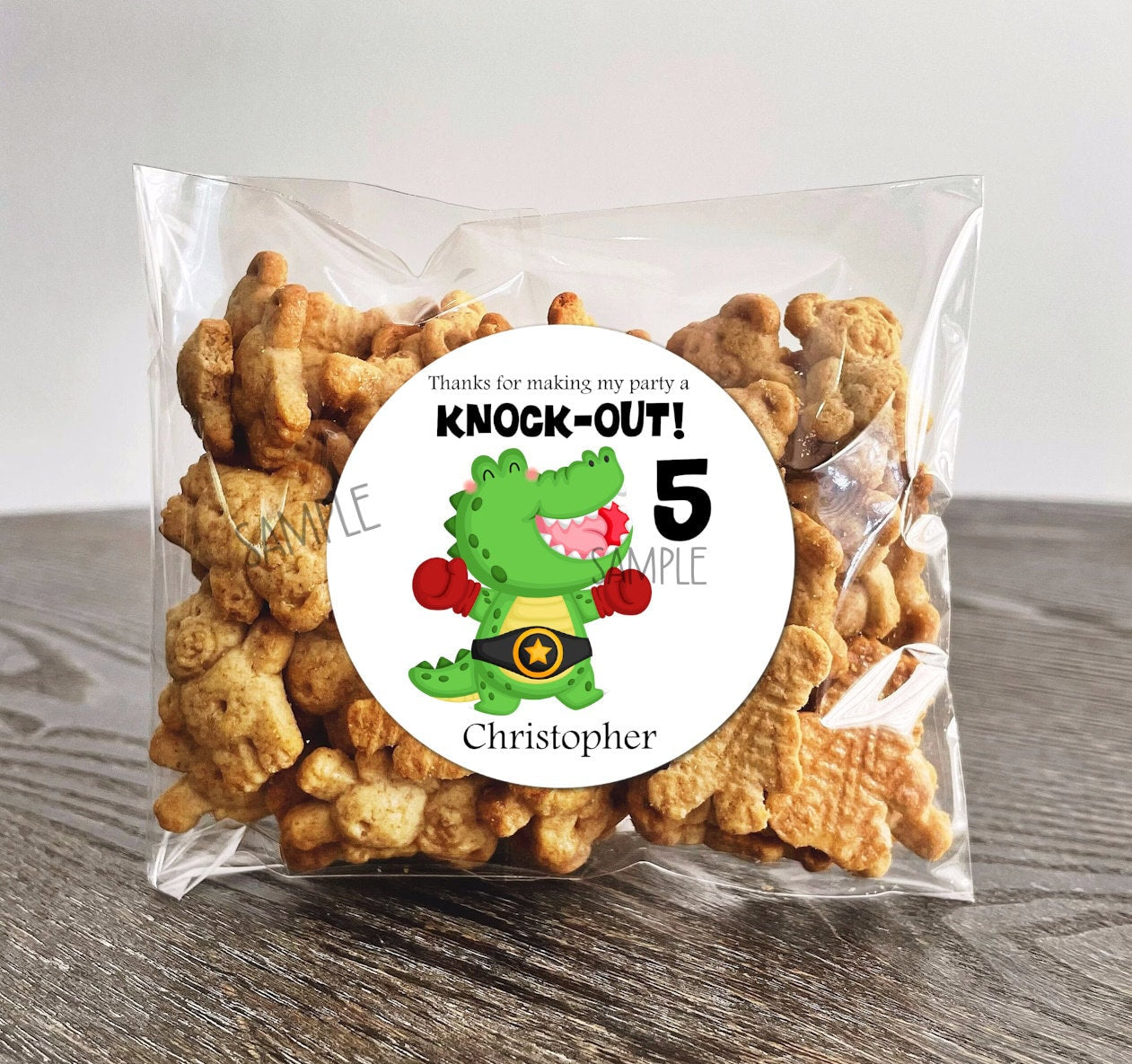 Boxing Alligator birthday stickers | Crocodile knock-out Party celebration labels