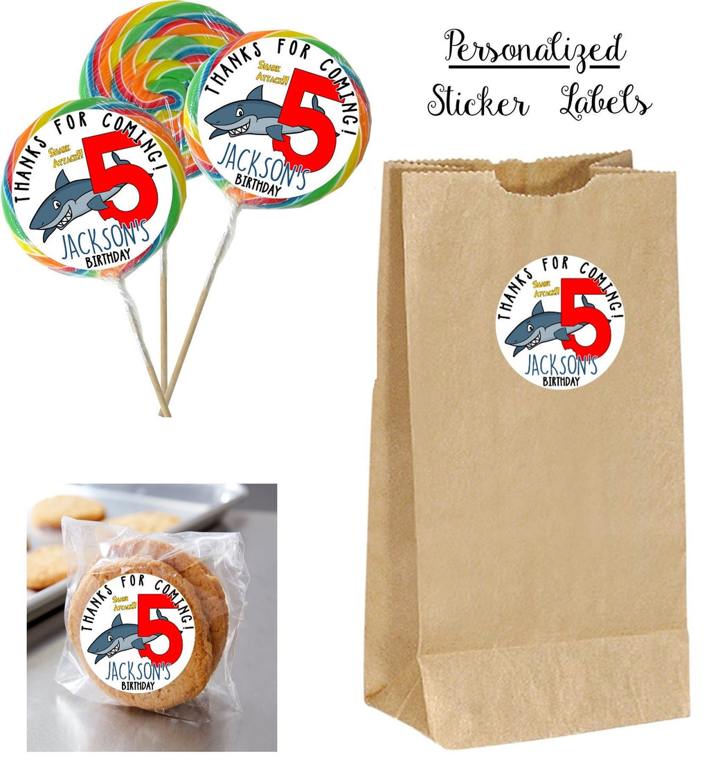SHARK Personalized Lollipop Stickers, Use for Goody Bags, envelope seals  bags, favor boxes, thank you gift, Custom birthday sheets