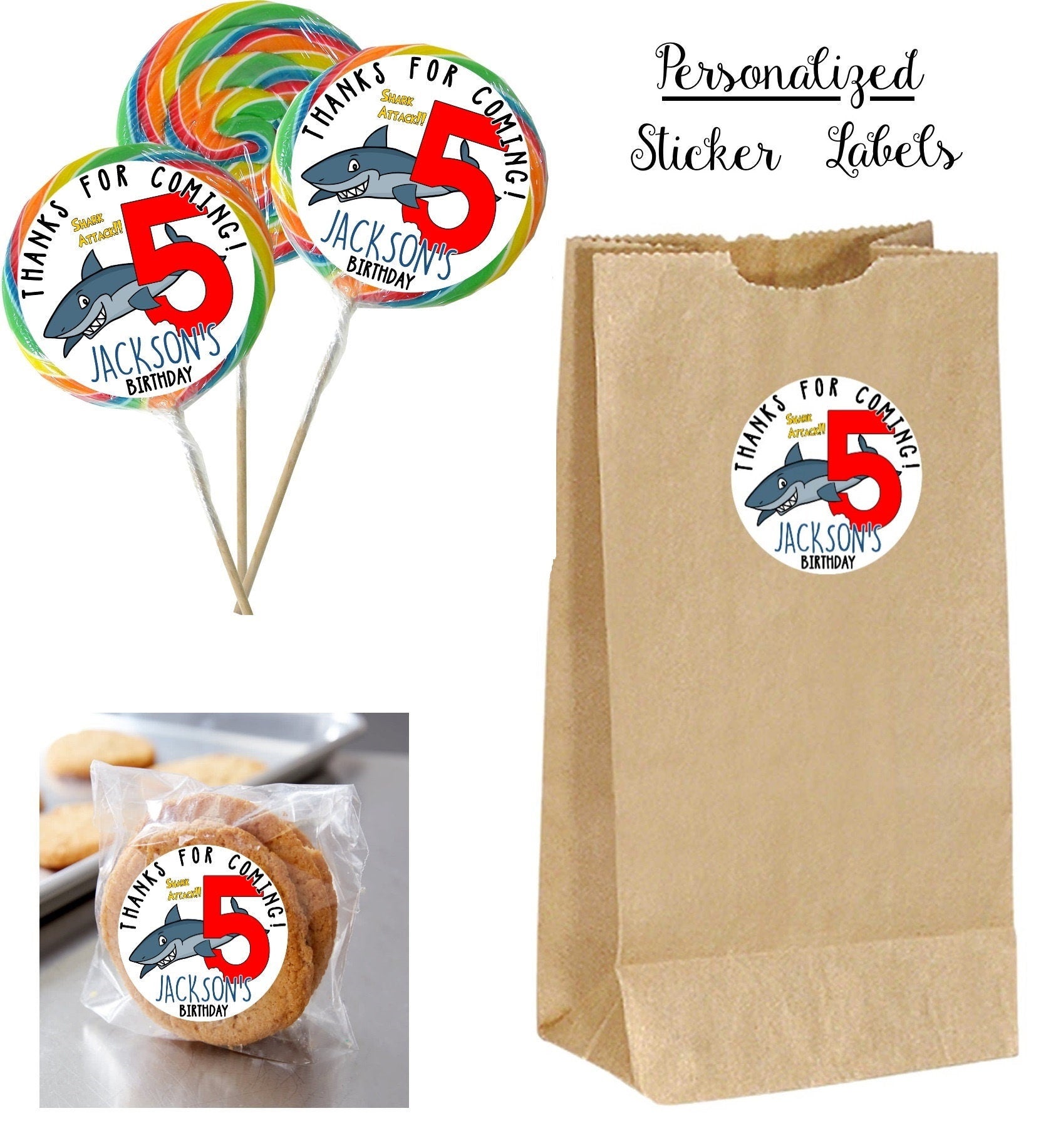 SHARK Personalized Lollipop Stickers, Use for Goody Bags, envelope seals  bags, favor boxes, thank you gift, Custom birthday sheets