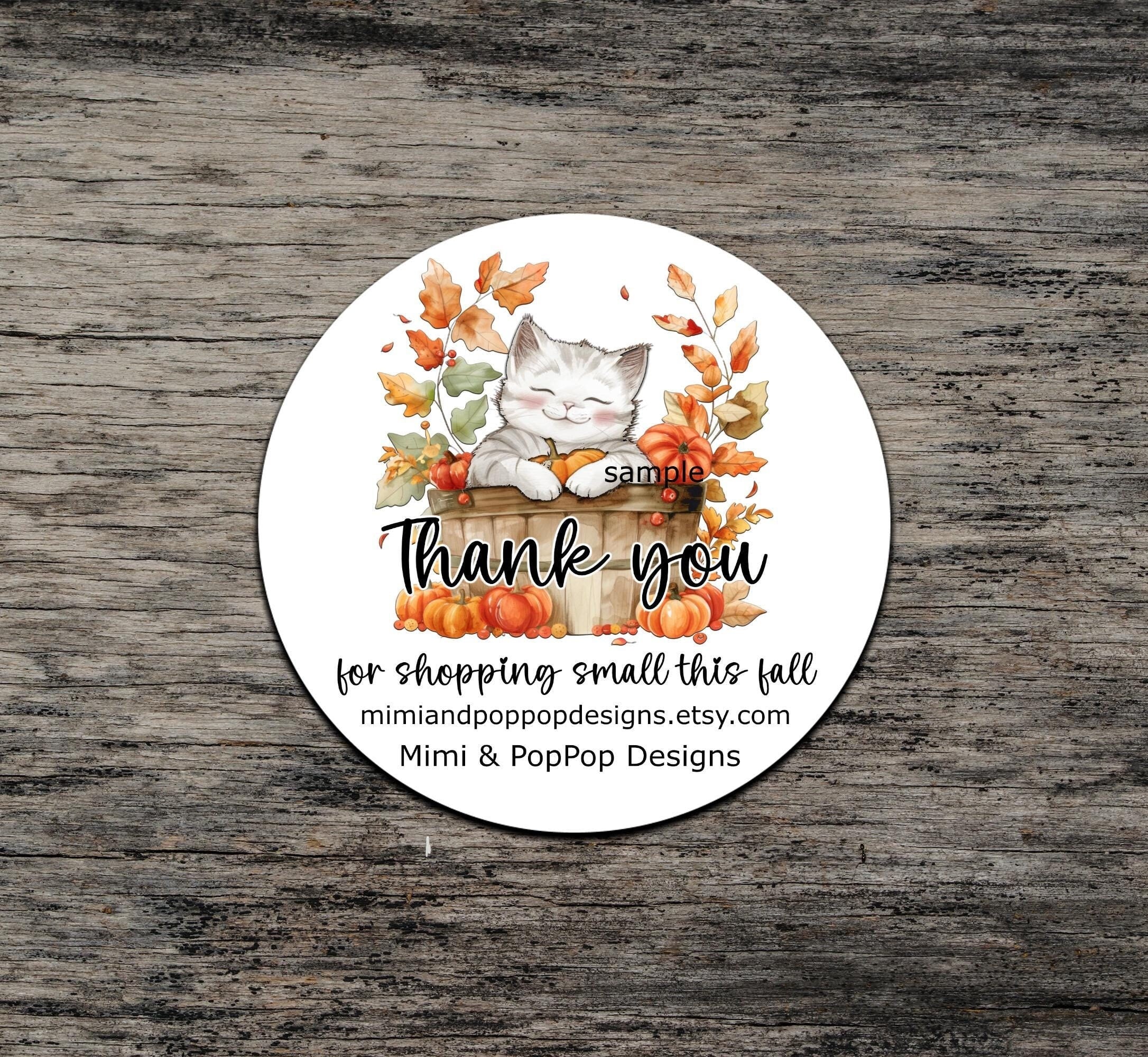 Kitty in Basket Fall Stickers | Shop small business package labels | Autumn Seasonal customer appreciation thank you seals | Customizable